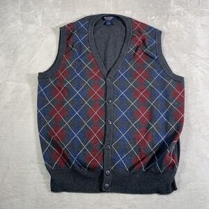 Roundtree & Yorke Sweater Vest Mens XL Gray Argyle Button Front Wool Cotton Knit